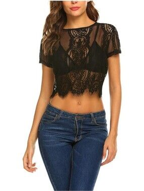 SoTeer Women Elegant Floral Lace Summer Short Sleeve Blouse Top